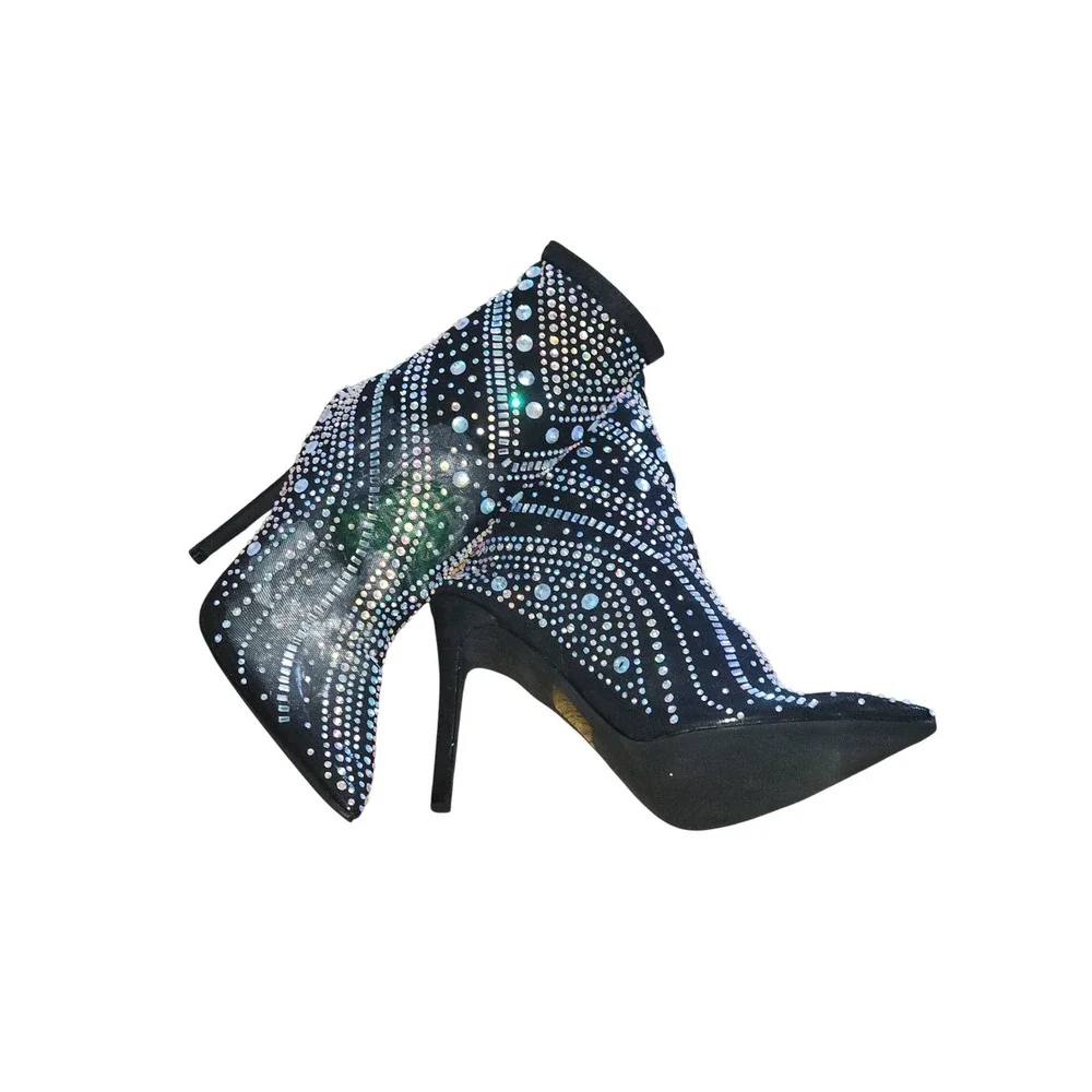 Black Mesh Rhinestone Stiletto Ankle Boots Pointed Toe Sock Booties Size 9